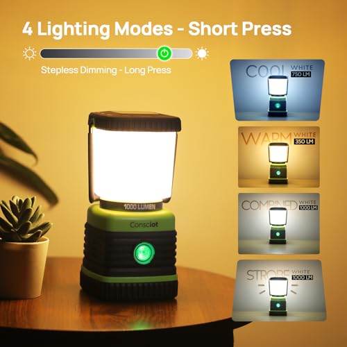 Consciot LED Battery Powered Camping Lantern, 1000LM, 4 Light Modes, IPX4 Waterproof Portable Tent Flashlight for Power Ou...
