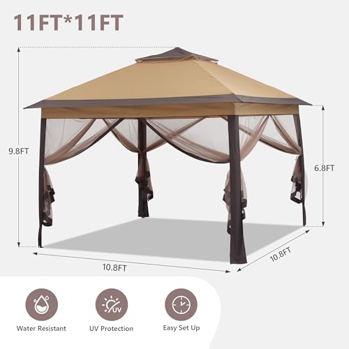 GDY 11x11 Pop Up Canopy Tent, Outdoor Canopy with Netting, Outdoor Gazebo for Backyard, Tent with Wheeled Cover Bag, Brown.