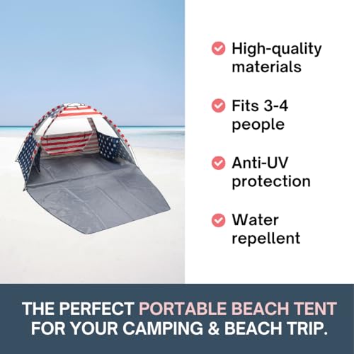 American Flag Portable Beach Tent Anti UV for 3-4 Person – Premium Beach Tent Sun Shelter with 3 Large Mesh Windows – Shad...