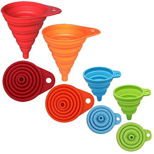 KongNai Kitchen Funnel Set 4 Pack, Small and Large, Kitchen Gadgets Accessories Foldable Silicone Collapsible Funnels for ...