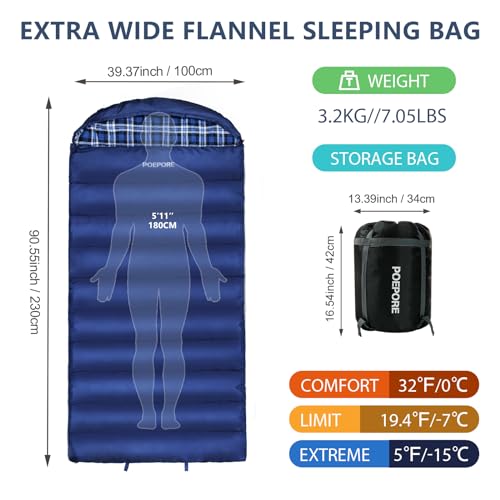 POEPORE 0 Degree Sleeping Bag 100% Cotton Flannel XXL Cold Weather Winter Oversized Sleeping Bag for Adults Camping Zero D...