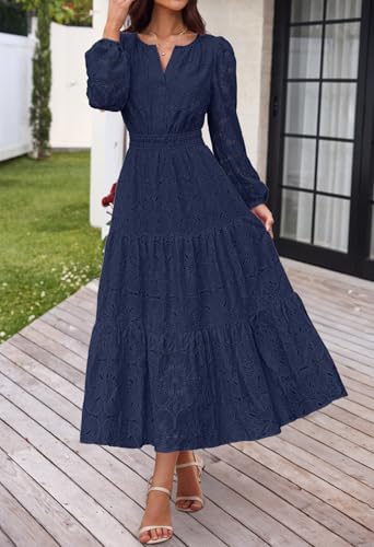 MEROKEETY Women's Fall Long Sleeve Floral Maxi Dress Lace Eyelet Hollow Out Tiered Boho Wedding Guest Dresses Pockets