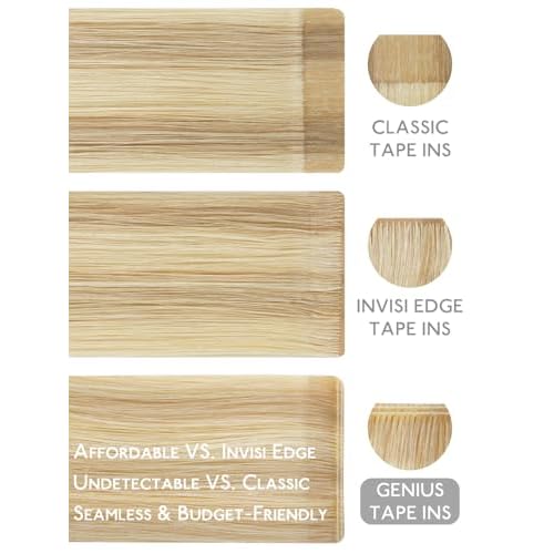 WENNALIFE Genius Seamless Tape in Hair Extensions Real Human Hair, 20 Inch 50g 20 pcs Light Blonde Highlighted Golden Blonde Tape in Hair Extensions Remy Hair Luxury Invisible Straight Hair Hand Tied