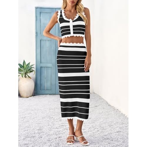 Saodimallsu Womens 2 Piece Sets Summer Striped Crochet Knit Coverup Sleeveless Button Crop Tank Top Bodycon Maxi Skirt