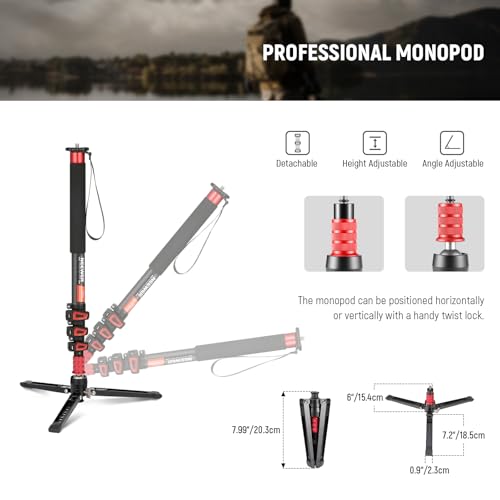 NEEWER 67.7" Camera Monopod Stand, Lightweight Carbon Fiber Travel Tripod with Detachable Base for DSLR Camcorder Video Re...