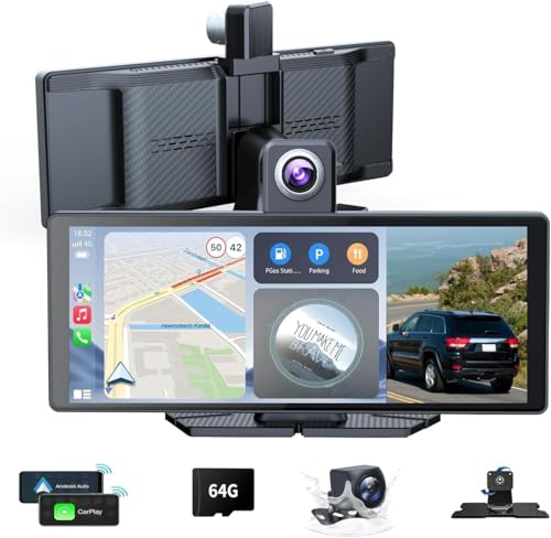 10.26" Wireless Portable Carplay Screen CarPlay & Android Auto Car Stereo 360 Rotation 4K Dash Cam 1080p Rear Camera Mirro...