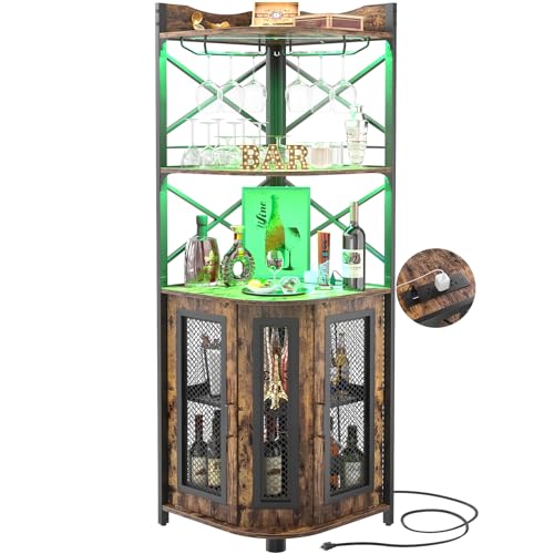 Aheaplus Corner Bar Cabinet with Power Outlet, Industrial Wine Cabinet with LED Strip and Glass Holder, 5-Tiers Liquor Cab...