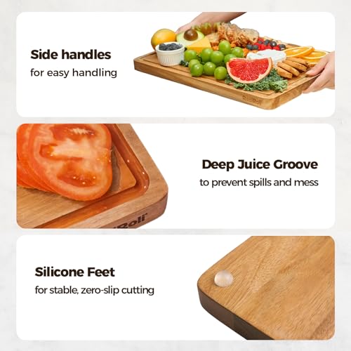 RosiRoli Acacia Wood Cutting Board for Kitchen, Set of 3 - Durable 1" Thick Chopping Boards with Juice Grooves & Handles f...