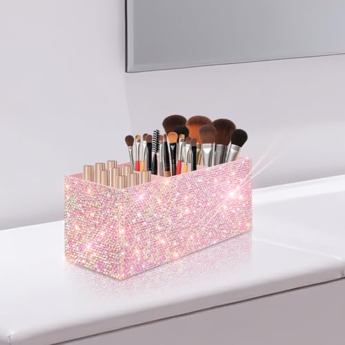 Bling Makeup Brush Holder Organizer, 3 Slot Sparkle Cosmetics Brushes Storage Holders with Shiny Rhinestones, Glitter Cute...