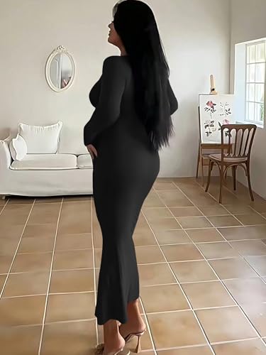 HBQ Women's Bodycon Maxi Dress Long Sleeve Square Neck Lounge Dresses Sexy Night Out Party Dress