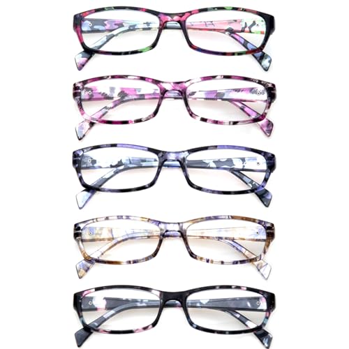 Kerecsen Reading Glasses 5 Pairs Fashion Ladies Readers Spring Hinge with Pattern Print Eyeglasses for Women (Mix Color -...