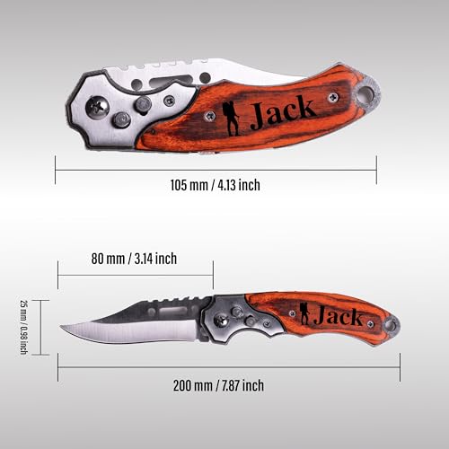 Custom Pocket Knife for Men | Laser Engraved Wood Handle Knife for Camping Hunting with Sheath | Groomsmen Folding Blade |...
