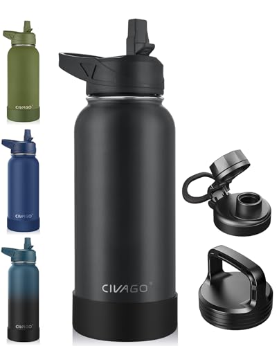 CIVAGO 32 oz Insulated Water Bottle With Straw, Stainless Steel Sports Water Cup Flask with 3 Lids (Straw, Spout and Handl...