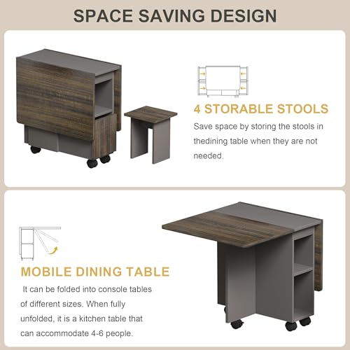 BAYYELL 5-Piece Folding Extendable Dining Table Set for 4, Drop Leaf Dining Table with 4 Stools, Storage and 6 Wheels, Kit...