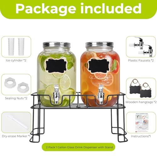 DHSBTLS 1 Gallon Glass Drink Dispensers, 2 Pack Clear Beverage Dispenser for Party, BBQ and Picnic, Juice Dispenser with I...