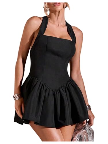 SOLY HUX Women's Mini Dress Halter Sleeveless Backless A Line Ruffle Hem Summer Dresses