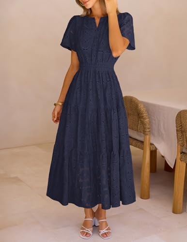 MEROKEETY Women's Spring Summer Floral Maxi Dress 2026 Boho Eyelet Hollow Out Lace Short Sleeve A Line Tiered Flowy Dresses