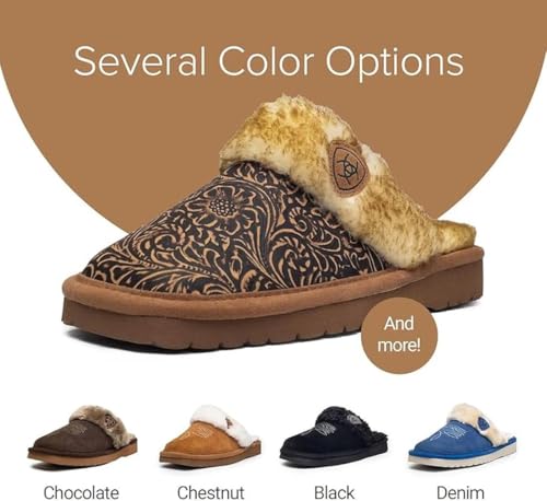 ARIAT Women's Jackie Square Toe Embossed Tooling Warm Soft Comfortable Genuine Full-grain Leather Slippers