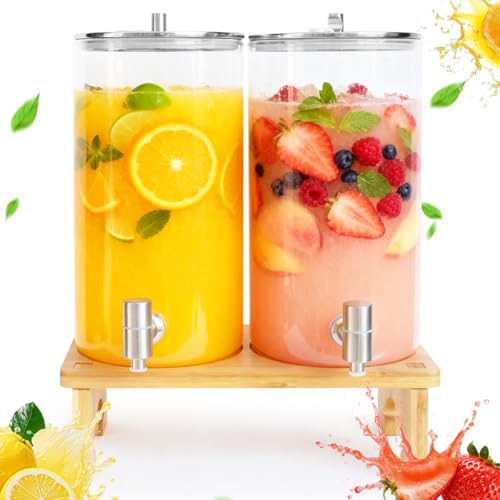 2 Pack 1.5 Gallon Drink dispenser with Stand，Glass Beverage Dispenser With Wood Stand, 18/8 Stainless Steel Spigot and Lab...
