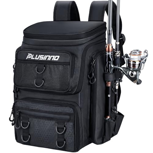 PLUSINNO Fishing Backpack with Rod Holders Tackle Box, 42L Large Water-resistant Fishing Tackle Bag Store Fishing Gear