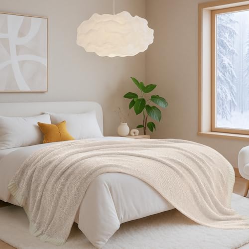 Snuggle Sac Buttery Ivory Throw Blanket for Couch, Reversible Super Soft Knitted Blankets, Warm Cozy Knit Fuzzy Plush Ligh...