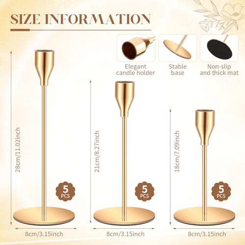 FillTouch 30 Pcs Gold Candlestick Holders with Flameless LED Candles Bulk Includes 15 Metal Candle Holders and 15 Battery ...