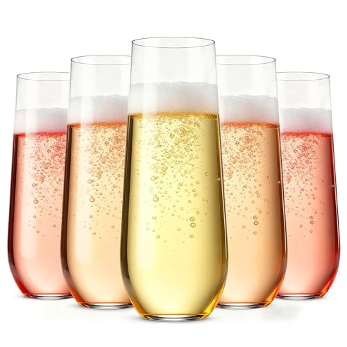 Guanqiao 12 Pack Stemless Plastic Champagne Flutes, 9 oz Clear Disposable Plastic Glasses, Heavy Duty Shatterproof Recycla...