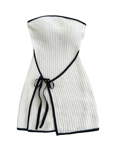MakeMeChic Women's Knitted Strapless Sweater Dress Wrap Tie Front Party Mini Tube Dresses
