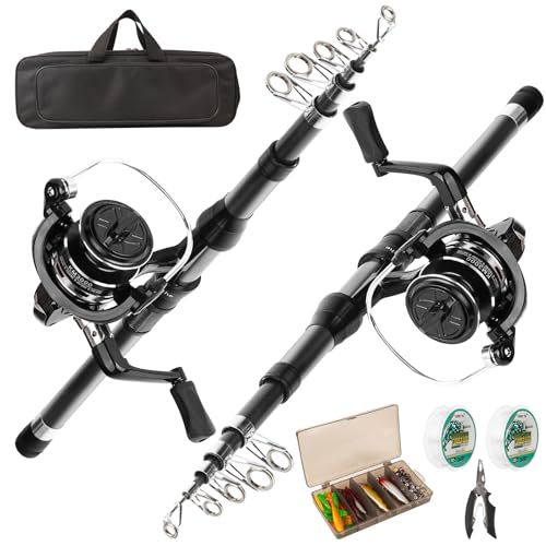 Fishing Rod Reel Combo - 2PCS 6.89ft Telescopic Fishing Poles 2PCS Spinning Reels Lures Set Fishing Pliers with Carrier Ba...