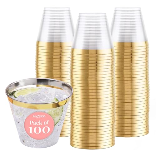 Prestee 100-Pack 9oz Gold Rimmed Plastic Cups Disposable Wine Glasses for Charcuterie, Weddings, Parties, and Events - Ele...