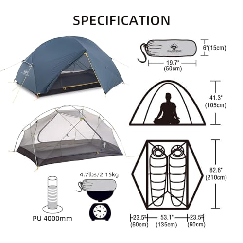 Blackpongo Neptune 2 Person Backpacking Tent - Ultralight Freestanding Tent with 4000mm Waterproof, Dual Vestibules & No-S...