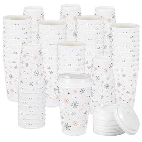 Foxtell 100 Pcs 16 oz Christmas Coffee Cups with White Lids Snowflake Disposable Paper Cups Bulk Insulated Hot Cocoa Cup f...