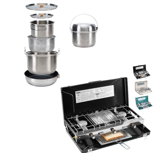 Camping Cookware Set 304 Stainless Steel Campfire Cooking Pots Pan and Kettle with Camping Stove 3 Burner 20400 BTU Propan...