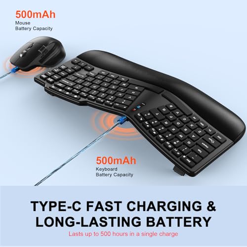 Ergonomic Wireless Keyboard Mouse, Wave Key Bluetooth/2.4G Split Design Ergo Keyboard Mouse Combo with Cushioned Palm Res...