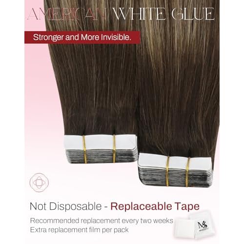 Moresoo Tape in Hair Extensions Human Hair Brown Real Hair Tape Hair Extensions Ombre Dark Brown and Caramel Blonde Human Hair Glue in Fashion Seamless 24 Inch 20Pcs/50g #4/27/4