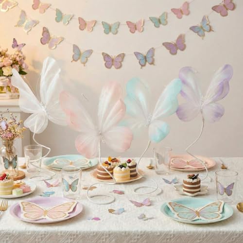 Roowest 4pcs Butterfly Party Decorations Table Centerpiece Gradient Silk Flying Large Butterfly Centerpiece 3D Pink Purple...