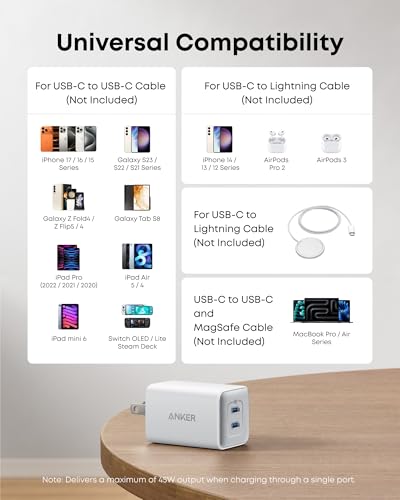 Anker Nano 47W USB C Charger, 2 Port Compact Foldable GaN Charger for iPhone 17 / 16, Galaxy, Pixel, Compatible with MagSa...