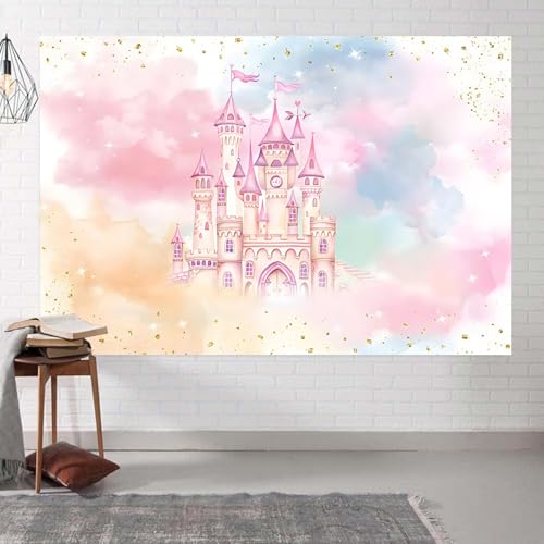 5x3ft Princess Castle Backdrop for Girl Birthday Pastel Rainbow Pink Castle Photography Background Birthday Baby Shower Pa...