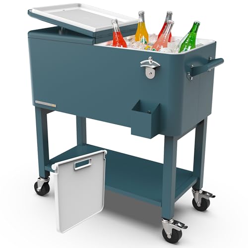 Permasteel Party Cooler with Divider, Removable Basin, Spacious 80-Qt Capacity, Chills 36hrs, Serving Tray, Rolling Ice Ch...