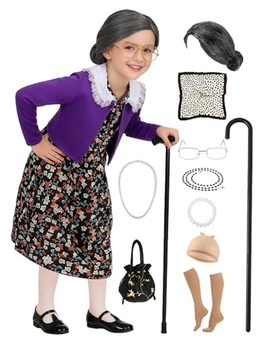 ZFQI Kids Old Lady Costume for Girls 100 Days of School Costume Grandma Costumes Dress Up for Halloween 3-10 Years