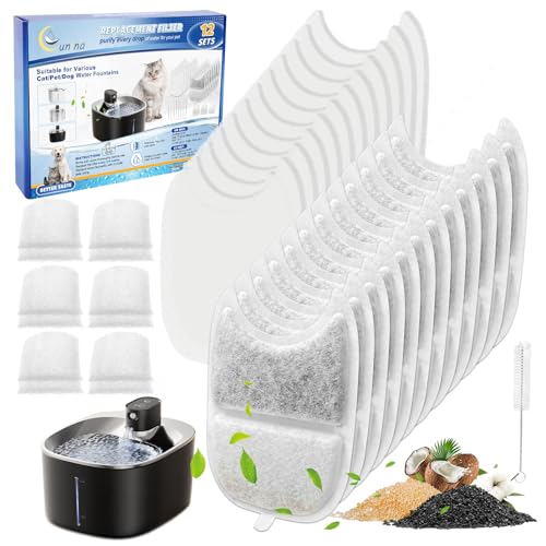 Cunina 12 Set Cat Water Fountain Filter Replacements & Sponges for 135 fl oz/4L Pet Fountain Drink Machine Dog Water Fount...