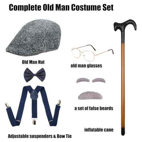 Old Man Costume Grandpa Accessories Set with Old Man Glasses Suspenders Bow Tie Cane Hat