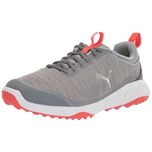 PUMA Men's Fusion Pro Extra Wide Golf Shoe, Quarry Silver-Red Blast, 12