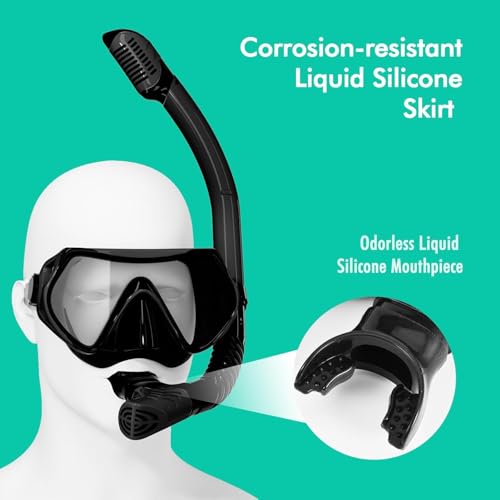 Snorkeling Gear for Adults, JRing Snorkel Mask Set with 180 Degree Tempered Glass Anti Fog Goggles Scuba Dry Top Snorkel f...