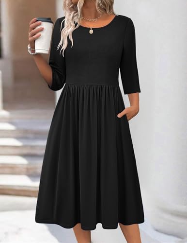 Zeagoo 3/4 Sleeve Women's Dress Casual Flowy A-Line Midi Tshirt Dresses with Pockets Crewneck Vocation Boho Beach Sundress