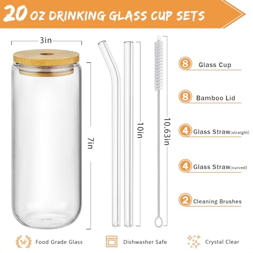 SENTVEND 20 Oz Drinking Glasses with Bamboo Lids and Glass Straw - 8 Pcs Glass Cups Beer Ice Coffee Glasses Cute Aesthetic...