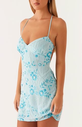Women Sequin Beaded Mini Dress Y2K Sparkly Open Back Slip Short Dresses Date Night Glitter Backless Cami Dress