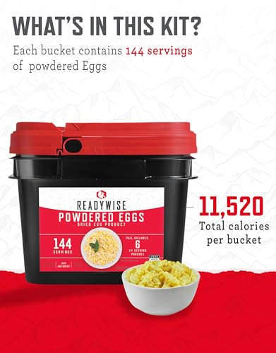 ReadyWise Emergency Food Supply - 144 Servings Freeze Dried Powdered Eggs Bucket, Protein Meals, Survival Food, Backpackin...