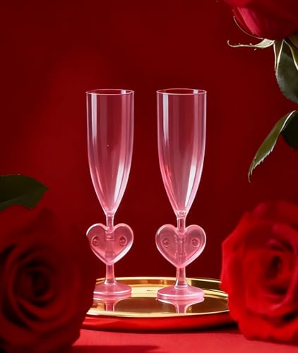 Irosiy 12-Pack Pink Heart Stem Plastic Champagne Flutes - Sweet Romantic Cups for Bridal Showers, Baby Showers, Valentine’...