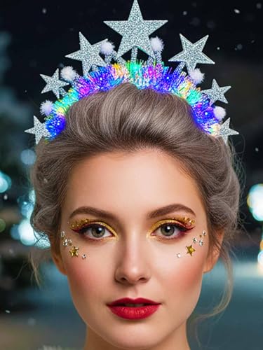 Yokawe Light Up LED Star Headband Silver Crown with Iridescent Tinsel,White Pom Pom, New Year, Christmas Party Costume Acc...